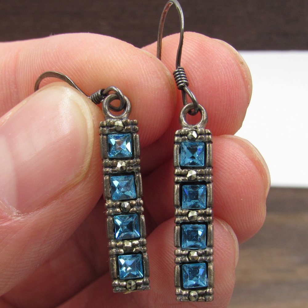 Sterling Rustic Blue Crystal Dangle Earrings - image 1